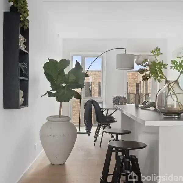 En stor plante står i en krukke ved siden af et lyst køkkenbord med barstole, en bueformet lampe, og vaser med grønne grene. Store vinduer giver udsigt til en bygning.