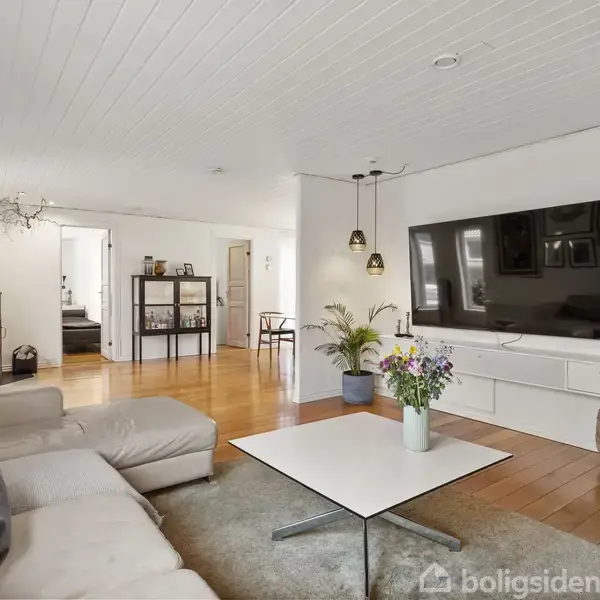 Stor stue med lys sofa, fladskærms-TV på væggen, og sofabord med blomster. Brændeovn i hjørnet ved døråbning, træparketgulv og hvidt loft. To kurve ved TV'et.