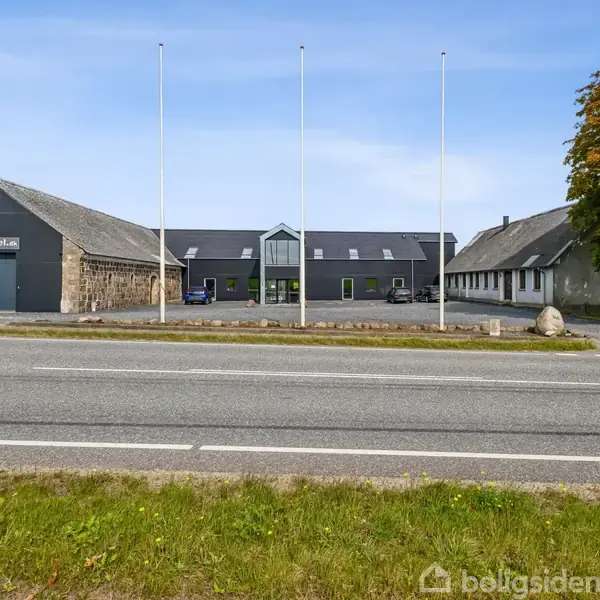 Et langt, gråt bygningskompleks med tre flagstænger uden flag. En stor landevej løber foran bygningen. Der er blå himmel og et træ til højre. Skilt: "El-Tech."