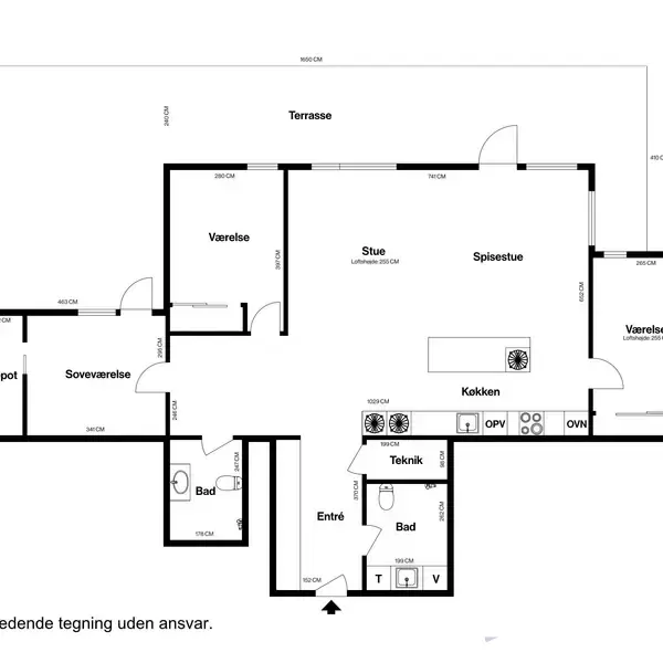 Plantegning viser en bolig med værelser, stue, spisestue, køkken, badeværelser, entré, teknikrum og depot. Der er også en terrasse. Tekst: "Vejledende tegning uden ansvar."