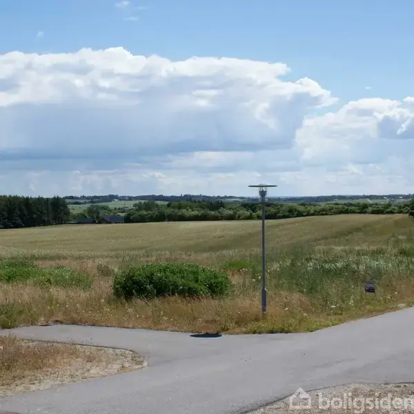 En vej strækker sig gennem et åbent landskab med en grøn mark på begge sider under en himmel med spredte skyer. En lysmast står ved vejens kant.