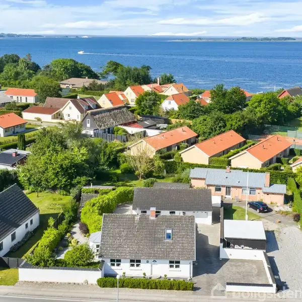 Huse med røde tage står stille i en frodig, grøn bebyggelse nær en blå fjord. I baggrunden ses skove og den åbne himmel.