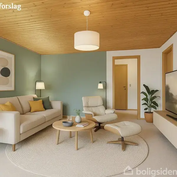 Et skrivebord med en stol står ved et åbent vindue, der afslører en udsigt til en have med huse. Rummet har skrånende trævægge og loft.