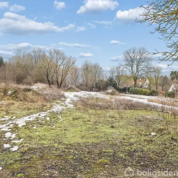 Græs- og buskbevokset eng, let snedækket, strækker sig mod huse i baggrunden under en blå himmel med skyer; træer står spredt i området.