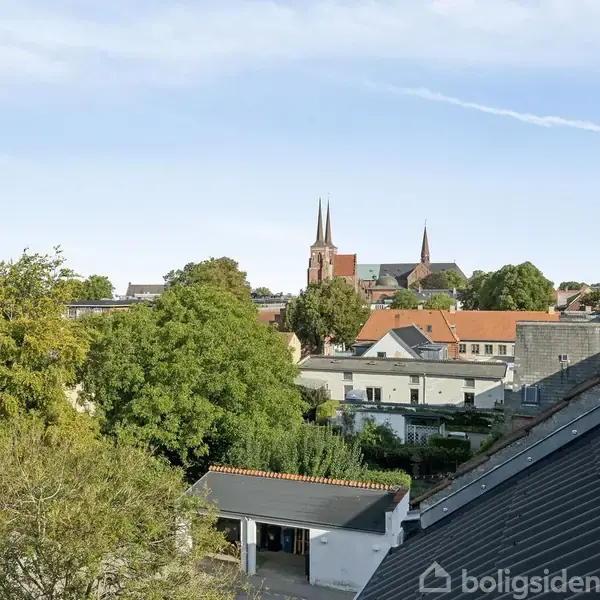 En by oversigt med en domkirke i baggrunden pryder landskabet. Bygninger med røde tage omkranser kirken, mens frodige træer spreder sig i forgrunden under en klar blå himmel.