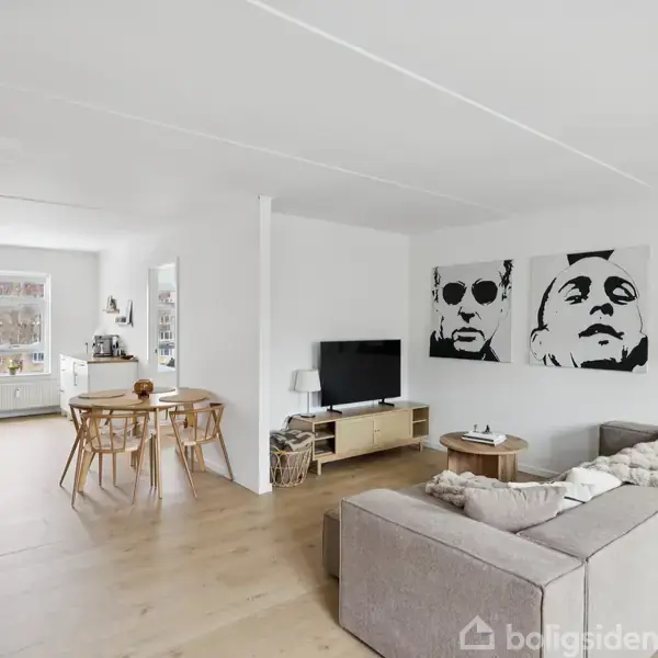 Gråt sofahjørne med puder står i en stue. Et TV er placeret på et lavt skab. To sort-hvide portrætter hænger på væggen. Køkken/alrum ses i baggrunden.