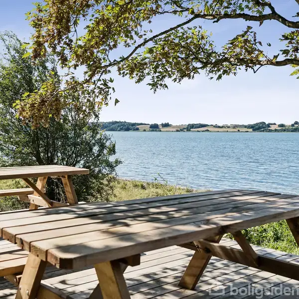 Flere spredte huse står stille i et åbent, grønt sommerhusområde med skovklædt baggrund. En grusvej forbinder bygningerne, og naturen dominerer omgivelserne.