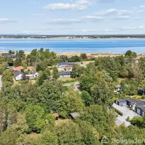 Huse omgivet af tæt grønt løv strækker sig mod en fjern kystlinje. En bred flod eller havbugt dominerer horisonten med blå vand. Himlen er klar med spredte skyer.