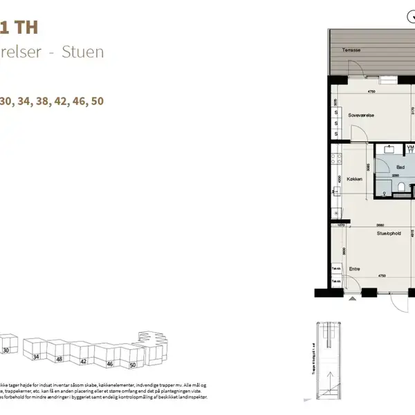 Plantegning viser lejlighedstype C1 TH med to værelser, 64-68 m², stueniveau. Layout inkluderer terrasse, soveværelse, køkken, badeværelse og stue. Betegnelser for lejlighedsnr.: 6, 10, 14, 18, 22, 26, 30, 34, 38, 42, 46, 50.
