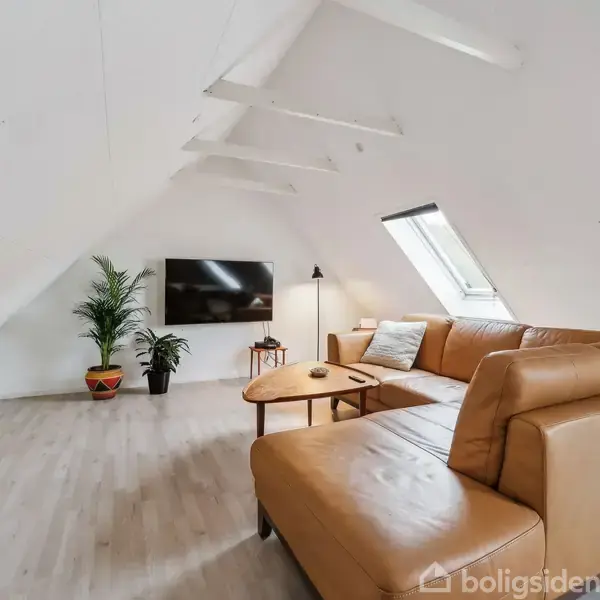 Lædersofa placeret i en lys tagetage med skråvægge, foran et lille bord og tv på væggen. To planter står i hjørnet, og et ovenlysvindue slipper lys ind.