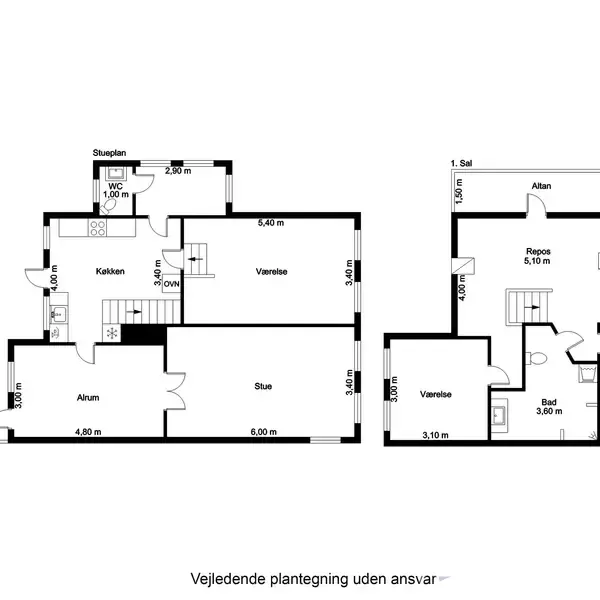 Plantegning viser en bolig med stueplan og første sal. Stueplan indeholder køkken, stue, værelse, alrum, bryggers og skur. Første sal har repos, bad, to værelser og en altan. "Vejledende plantegning uden ansvar".