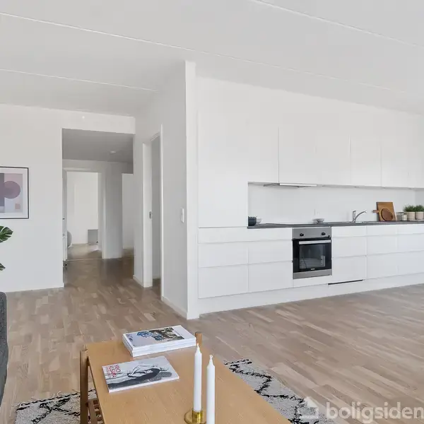 Stue-køkkenområde med sofa til venstre og hvidt køkken med indbygget ovn til højre. Trægulv og minimalistisk indretning med stueplanter. Et tæppe og et sofabord med stearinlys i midten.