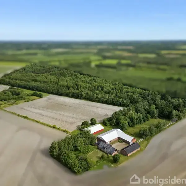 Landbrugsejendom set fra oven, omgivet af marker og skov. Bygningerne ligger centralt med grønne arealer og små træer omkring. Fjern udsigt over flere grønne markfelter i horisonten.