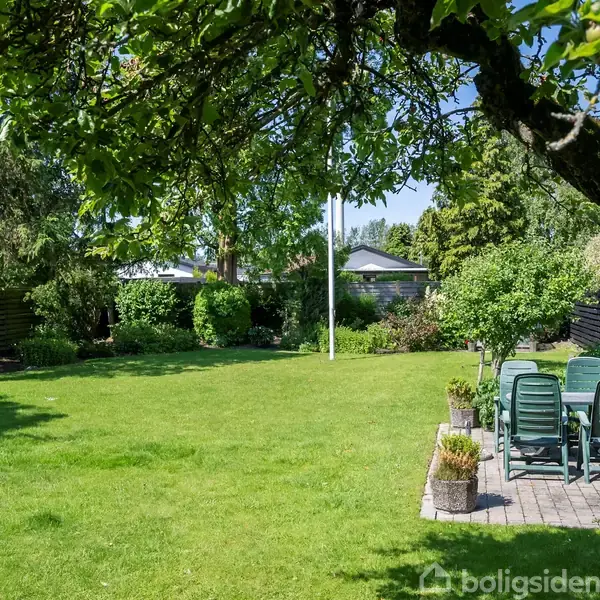 En grøn have med et træ i forgrunden. Seks stole og et bord står på en flisebelagt terrasse til højre omgivet af buske og stakit.