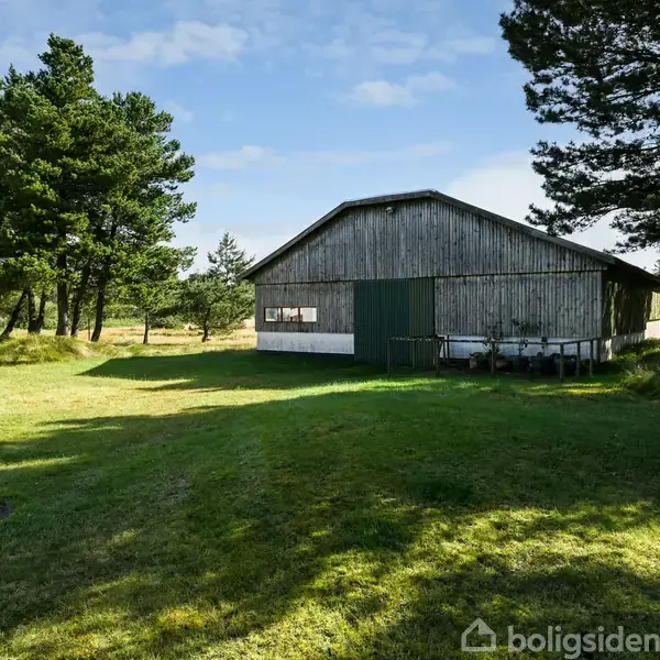 En stor lade står på en græsplæne omgivet af træer under en blå himmel. Sollys skaber skygger fra træerne.