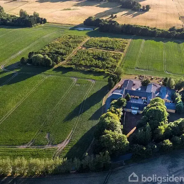 Et landsted omgivet af grønne marker og skov, set fra luften. Huset er omgivet af træer og ligger i et landligt område med åbne marker.