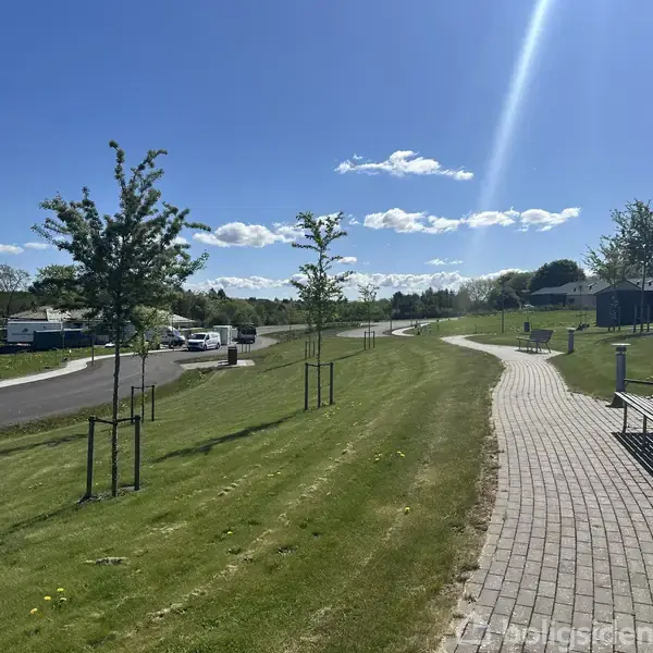 En snoet sti med bænke løber gennem en grøn park med nyplantede træer. I baggrunden ses en vej med få parkerede biler og et skyfrit himmel med springende skyer.