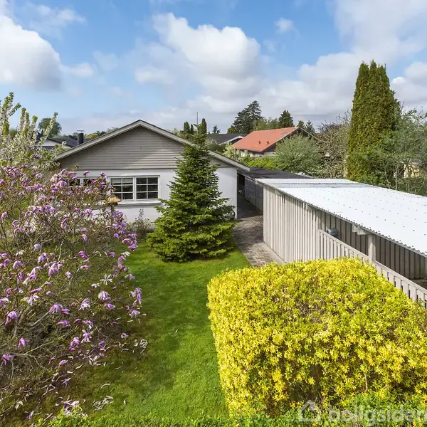 Et hus med lysegrå ydervægge omgivet af en velplejet have. Blomstrende buske i forgrunden, græsplæne og en carport til højre. Solrig dag med få skyer.