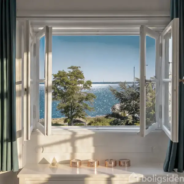 Åbent vindue viser udsigt til glitrende hav, træer og blå himmel. Grønt gardin indrammer scenen og kaster lyse skygger på væggen. Vindueskarmen har små pyntegenstande.