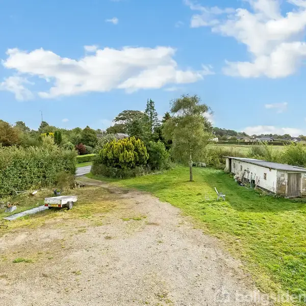En grusvej fører gennem en åben mark med græs omkring, omgivet af buske og træer. En mindre bygning ses til højre blandt den grønne vegetation.