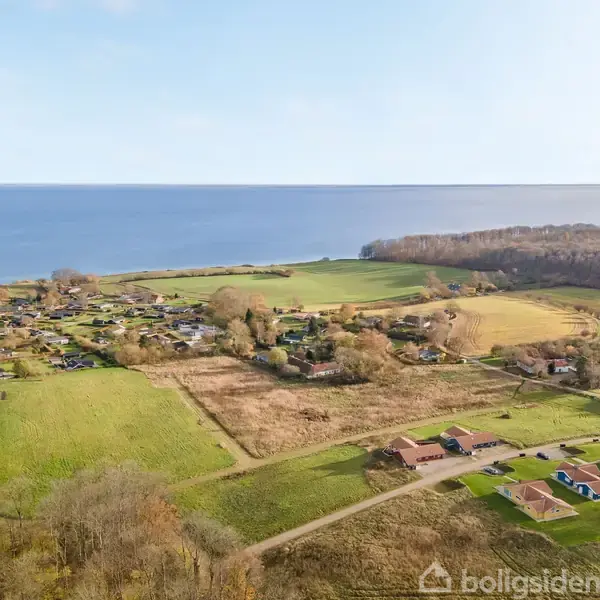 Kystnær landsby med spredte huse og grønne marker strækker sig mod havet under en klar himmel, omgivet af skovområder til højre og venstre for bebyggelsen.