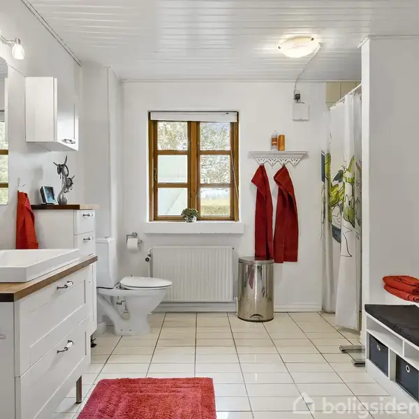 Badeværelse med hvidt interiør, håndvask med spejl, toilet og brusekabine. Rødt tilbehør såsom håndklæder og tæppe. Vinduet giver lys. Skabe og opbevaring er synlige i rummet.