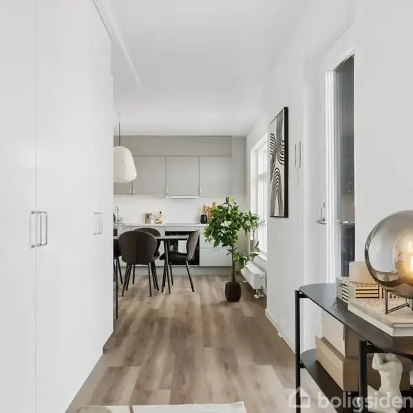 En lys gang leder til et moderne køkken med spiseplads. Der står et rundt bord omgivet af stole, og en stor plante tilføjer grønt. En bordlampe lyser et konsolbord op.