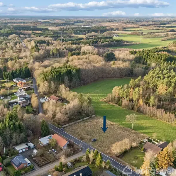 Landskab set fra oven viser et landområde med spredte huse langs en vej i et skovklædt område. En blå pil peger på en åben græsmark mellem træerne.