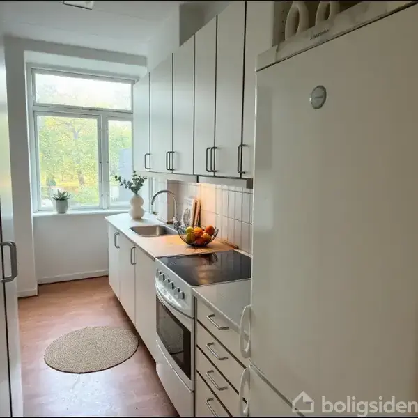 Et køkken med hvide skabe og komfur. En frugtskål på køkkenbordet. Rummet har et stort vindue med planter, og der er en rund måtte på gulvet.