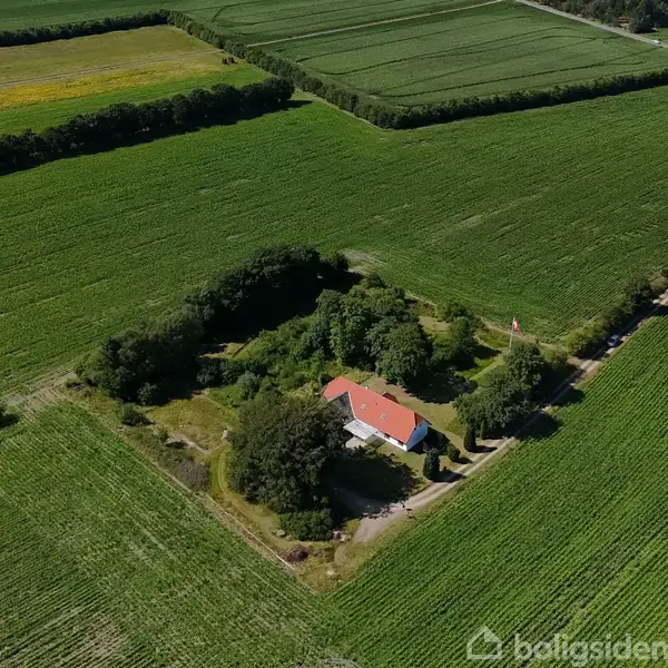 Et rektangulært hus med rødt tag er omgivet af tæt bevoksede træer. Huset ligger midt i grønne marker, der strækker sig i alle retninger.