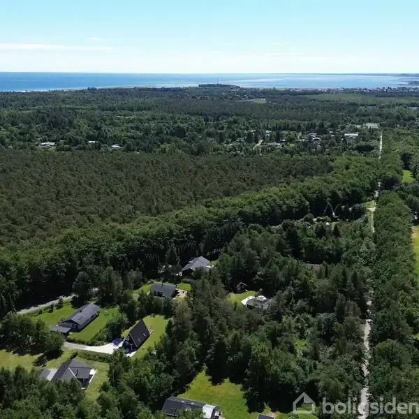 Luftfoto over en skov, hvor huse er spredt mellem træerne. Havet kan ses i horisonten, omgivet af frodig vegetation og marker.