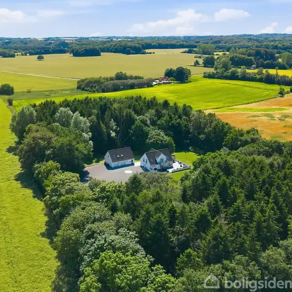 To huse står omgivet af en tæt skov i en landlig setting med åbne marker og små bakker i baggrunden.