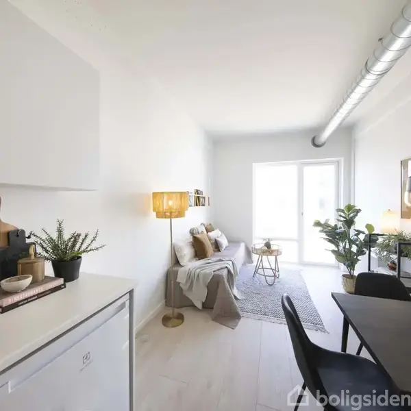 Stue med sofa og tæppe, lysindfald fra stort vindue, planter omkring. Køkken til venstre med skab, bordplade og køkkenredskaber. Spisebord med stole til højre.