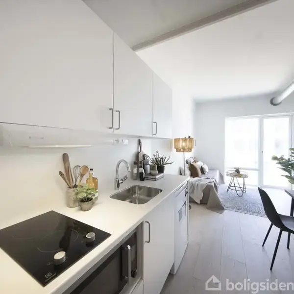 Køkken-alrum med hvidt køkkenbord, kogeplade og vask, åbner ind i stue med sofa, glasdøre og spisebord med stole. Planter og lamper skaber en hyggelig atmosfære.