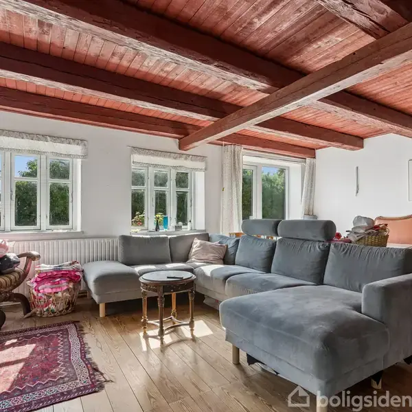 Grå sofa står i en stue med trægulv og rødt loft. Sofaen er ved siden af tre store vinduer, der slipper sollys ind. Der er et tæppe og en lænestol med puder nær sofaen.
