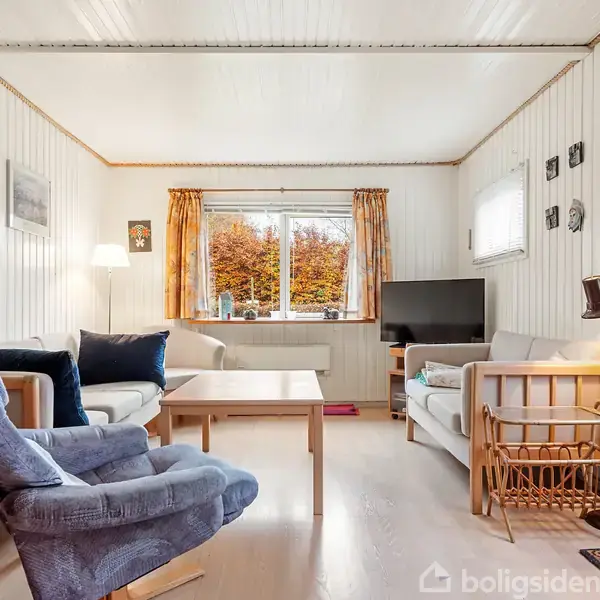 Stue med blå lænestol og hvid sofa placeret ved et sofabord. En lampe lyser rummet op. Vinduet bagved har udsigt til et efterårslandskab. TV står til højre.