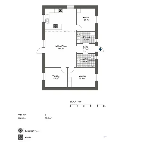 Plantegning viser en lejlighed med køkken/alrum (38,5 m²), bryggers, entré (3,7 m²), badeværelse/WC (5,2 m²), og to værelser på henholdsvis 9,1 m² og 11,4 m². Skala 1:100. Antal rum: 3. Størrelse: 77,4 m².
