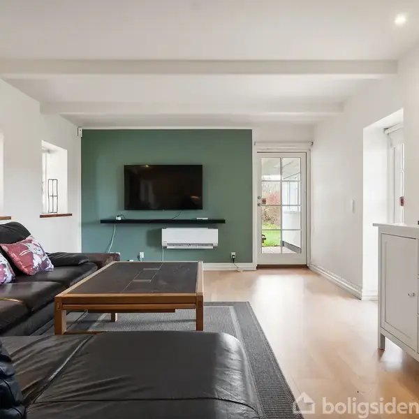 En stue med en sort lædersofa foran et trægulv. En vægmonteret fladskærms-TV hænger på en grøn væg. Der er et hvidt skab og en glasdør i baggrunden.