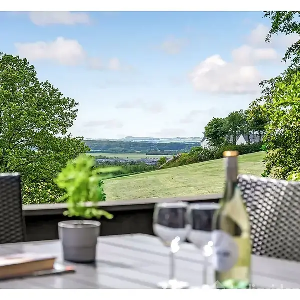En flaske vin og to vinglas står på et bord ved siden af en plante i en potte. Bordet er placeret på en terrasse med udsigt over en grøn, bakket landskab.