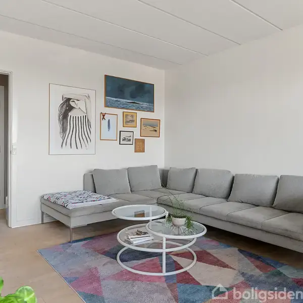 Grå hjørnesofa står i en stue, pyntet med et tæppe og sofabord. Flere billeder hænger på væggen, og planterne skaber en hyggelig atmosfære.