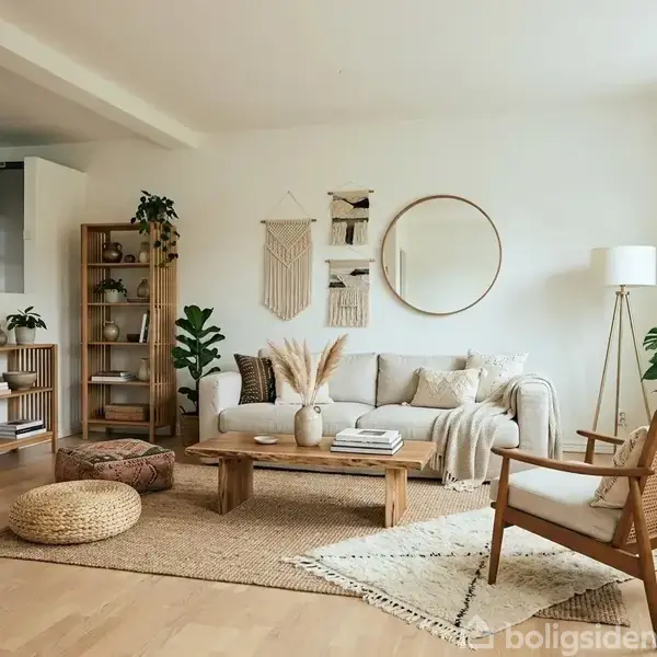 Stue med sofa, sofabord og affjedrede stole. Omkring møblerne er der planter og dekorative elementer som en rund spejl og vægtapet på en hvid væg, skaber en hyggelig atmosfære.