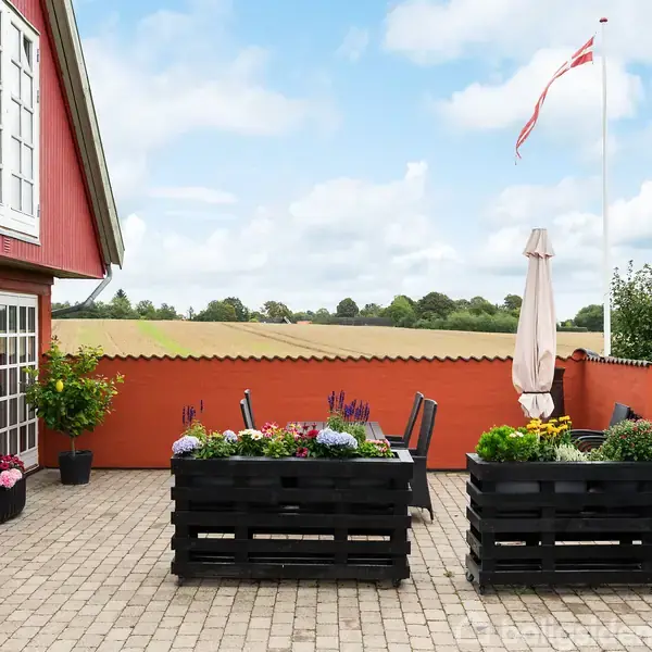 Rød træbygning med store vinduer står ved siden af en terrasse med planter i sorte kasser og havemøbler. Dansk flag vajer i baggrunden over en mark.