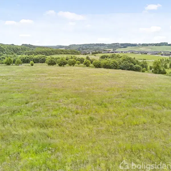 Græsmark strækker sig vidt over bakket landskab, omgivet af skove og marker under en klar blå himmel med få skyer.