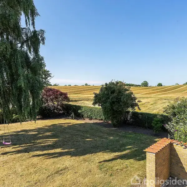 Et træ med gyngesæde står i en have med græsplæne. I baggrunden ses åbne marker og en blå himmel, omgivet af buske og et murstenshegn.