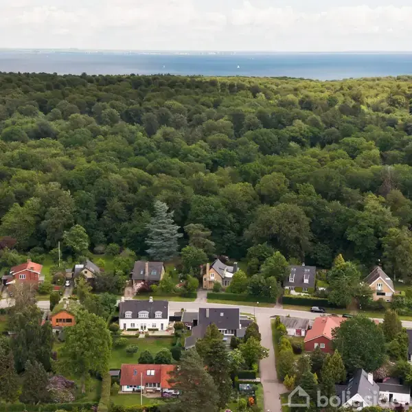 Flere boliger ligger spredt i et grønt, skovklædt område nær vandet. Tætliggende huse viser et roligt boligkvarter omgivet af frodig natur og en skov i baggrunden med havudsigt.