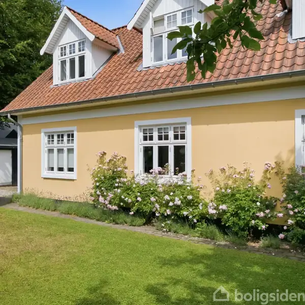 Gult hus med hvide vinduer og rødt tegltag, omgivet af grøn græsplæne og hæk. Roser vokser foran huset under vinduerne.