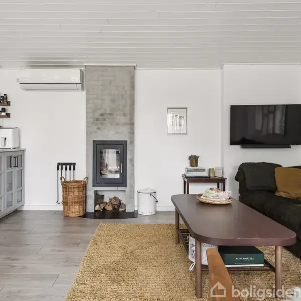 Brændeovn står i en stue med mørk sofa og rektangulært sofabord på gulvtæppe. Væggene har et fladskærms-TV, og køkkenhylderne er fyldt med køkkenudstyr og krydderiglas.