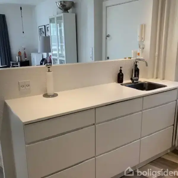 Hvid køkkenbordplade med vask, sæbedispensere og en papirholder. I baggrunden ses en spisestue med spisebord, stole og skab ved et vindue.