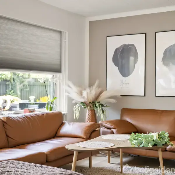 Brune lædersofaer står i en stue med beige vægge. Der hænger to kunstplakater på væggen. Et lavt sofabord med en grøn dekorationsplante står foran sofaerne. Vinduer viser ud til en have.