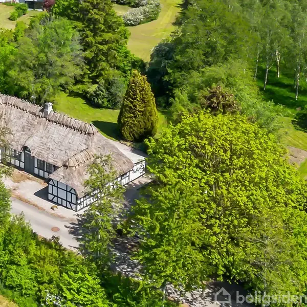 Traditionelt bindingsværkshus med stråtag ligger omgivet af frodig skov og tæt bevoksede træer ved siden af en smal vej. Græsarealer og buske præger det grønne landskab omkring huset.